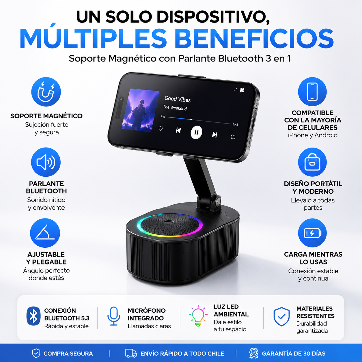 Soporte Magnético Bluetooth 3 en 1 para Música, Videos y Videollamadas